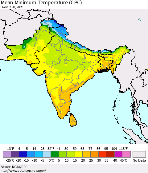 Southern Asia Minimum Temperature (CPC) Thematic Map For 11/2/2020 - 11/8/2020