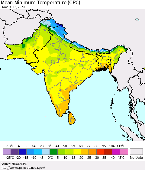 Southern Asia Mean Minimum Temperature (CPC) Thematic Map For 11/9/2020 - 11/15/2020