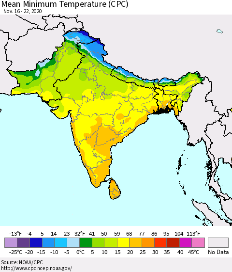 Southern Asia Mean Minimum Temperature (CPC) Thematic Map For 11/16/2020 - 11/22/2020