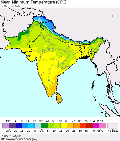 Southern Asia Mean Minimum Temperature (CPC) Thematic Map For 12/7/2020 - 12/13/2020