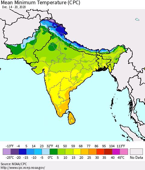 Southern Asia Mean Minimum Temperature (CPC) Thematic Map For 12/14/2020 - 12/20/2020