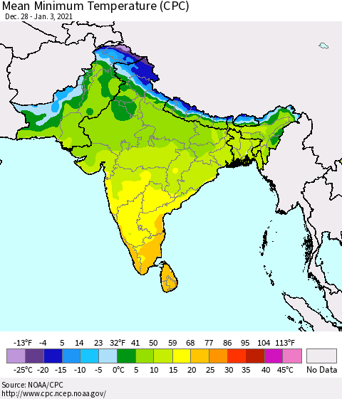 Southern Asia Mean Minimum Temperature (CPC) Thematic Map For 12/28/2020 - 1/3/2021