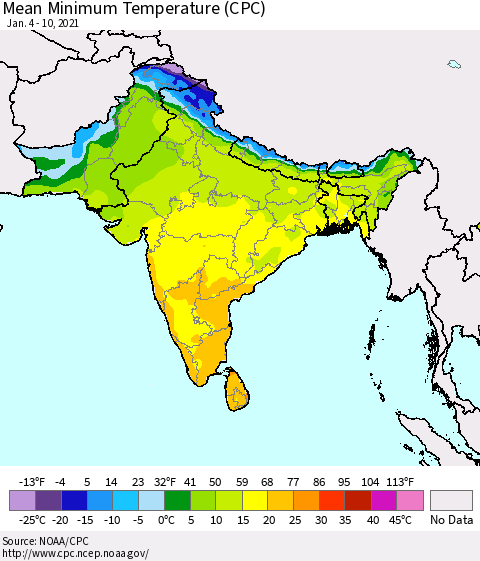 Southern Asia Mean Minimum Temperature (CPC) Thematic Map For 1/4/2021 - 1/10/2021