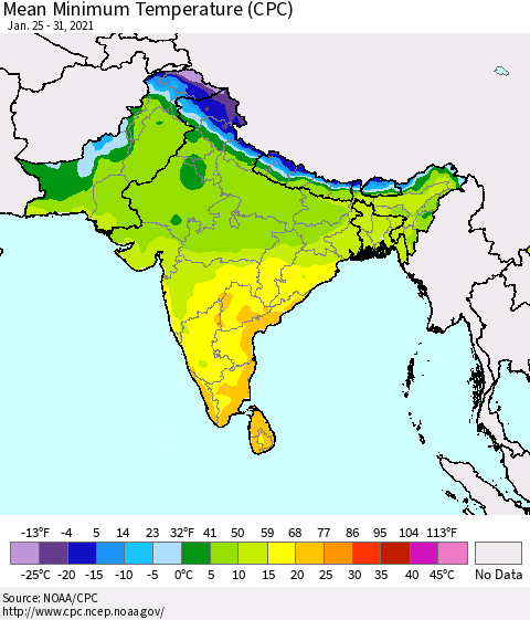 Southern Asia Mean Minimum Temperature (CPC) Thematic Map For 1/25/2021 - 1/31/2021
