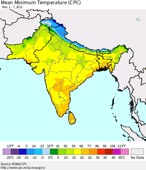 Southern Asia Mean Minimum Temperature (CPC) Thematic Map For 3/1/2021 - 3/7/2021