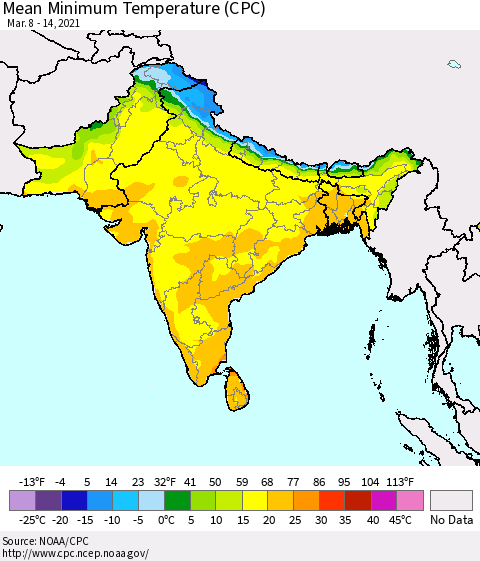 Southern Asia Mean Minimum Temperature (CPC) Thematic Map For 3/8/2021 - 3/14/2021