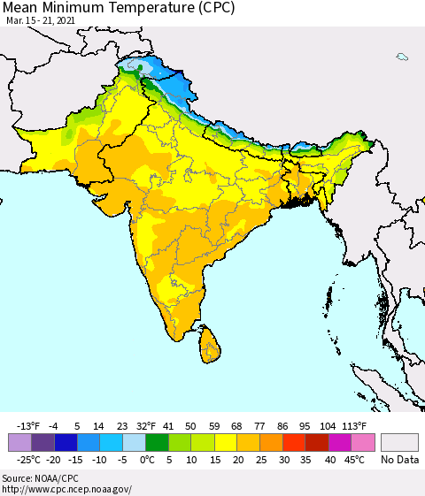 Southern Asia Mean Minimum Temperature (CPC) Thematic Map For 3/15/2021 - 3/21/2021