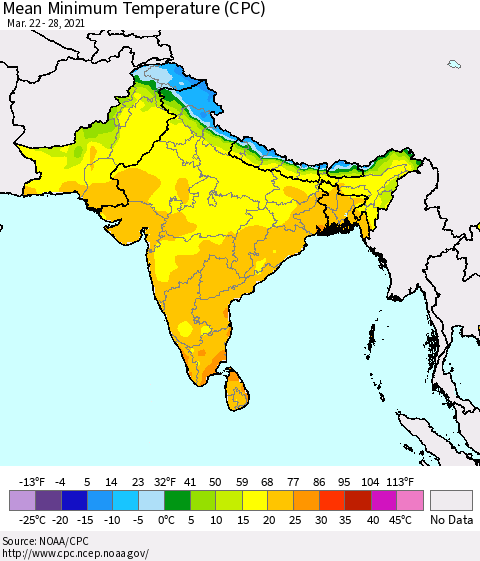 Southern Asia Mean Minimum Temperature (CPC) Thematic Map For 3/22/2021 - 3/28/2021