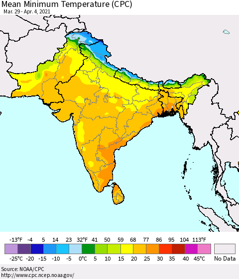 Southern Asia Mean Minimum Temperature (CPC) Thematic Map For 3/29/2021 - 4/4/2021