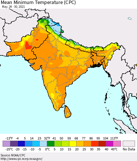 Southern Asia Minimum Temperature (CPC) Thematic Map For 5/24/2021 - 5/30/2021