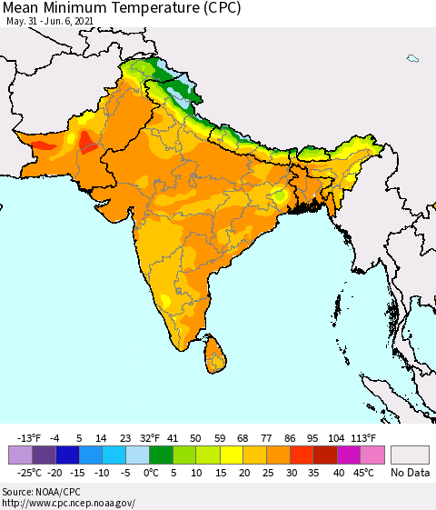 Southern Asia Minimum Temperature (CPC) Thematic Map For 5/31/2021 - 6/6/2021