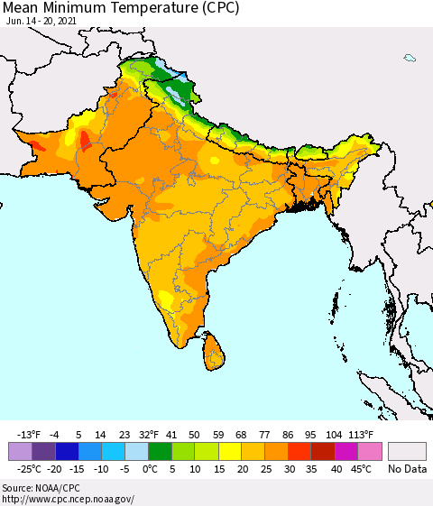Southern Asia Minimum Temperature (CPC) Thematic Map For 6/14/2021 - 6/20/2021