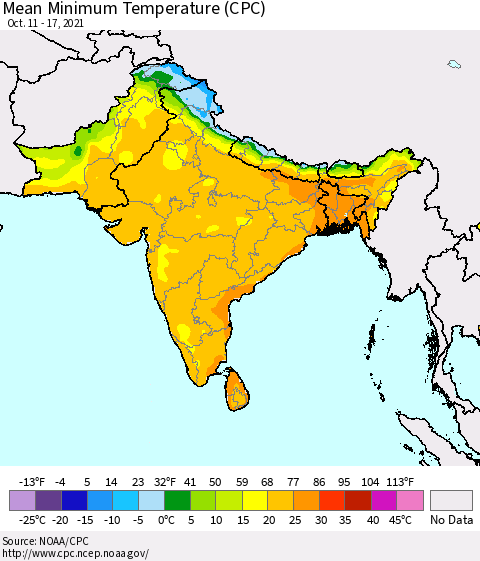 Southern Asia Minimum Temperature (CPC) Thematic Map For 10/11/2021 - 10/17/2021