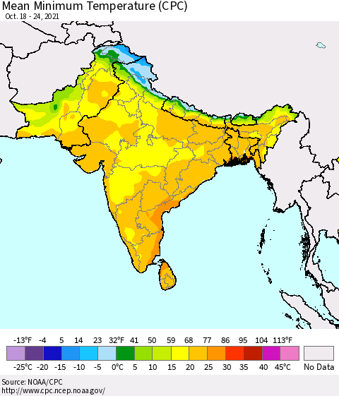 Southern Asia Minimum Temperature (CPC) Thematic Map For 10/18/2021 - 10/24/2021