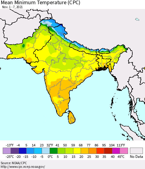 Southern Asia Mean Minimum Temperature (CPC) Thematic Map For 11/1/2021 - 11/7/2021