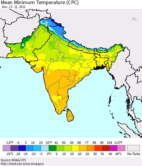 Southern Asia Mean Minimum Temperature (CPC) Thematic Map For 11/15/2021 - 11/21/2021