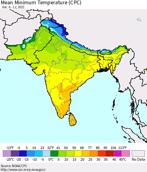 Southern Asia Mean Minimum Temperature (CPC) Thematic Map For 12/6/2021 - 12/12/2021