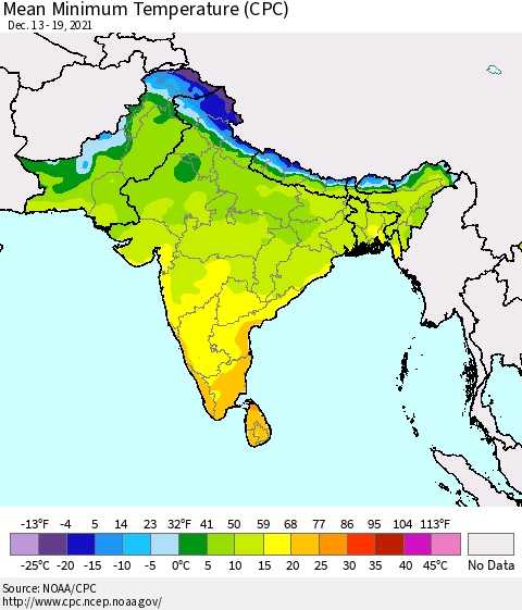 Southern Asia Mean Minimum Temperature (CPC) Thematic Map For 12/13/2021 - 12/19/2021