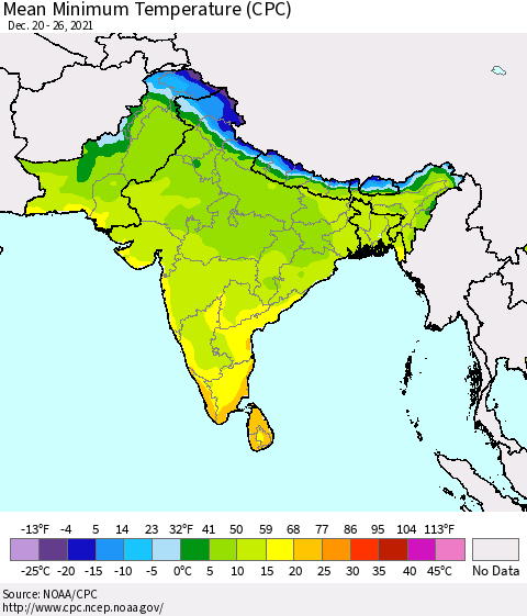 Southern Asia Minimum Temperature (CPC) Thematic Map For 12/20/2021 - 12/26/2021