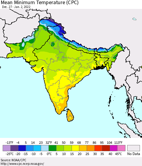 Southern Asia Mean Minimum Temperature (CPC) Thematic Map For 12/27/2021 - 1/2/2022
