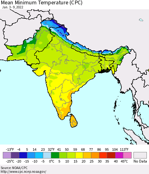 Southern Asia Minimum Temperature (CPC) Thematic Map For 1/3/2022 - 1/9/2022