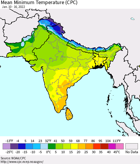 Southern Asia Mean Minimum Temperature (CPC) Thematic Map For 1/10/2022 - 1/16/2022