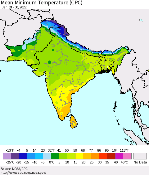 Southern Asia Mean Minimum Temperature (CPC) Thematic Map For 1/24/2022 - 1/30/2022