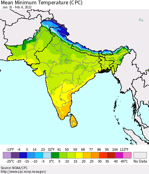 Southern Asia Mean Minimum Temperature (CPC) Thematic Map For 1/31/2022 - 2/6/2022