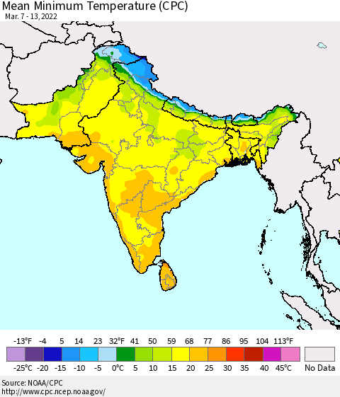 Southern Asia Mean Minimum Temperature (CPC) Thematic Map For 3/7/2022 - 3/13/2022