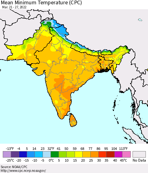 Southern Asia Mean Minimum Temperature (CPC) Thematic Map For 3/21/2022 - 3/27/2022