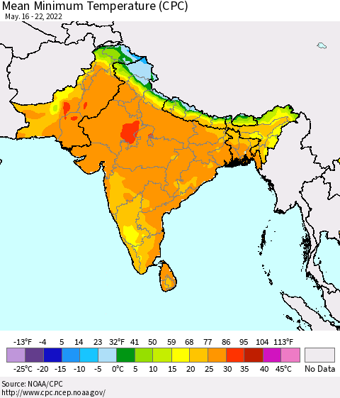 Southern Asia Minimum Temperature (CPC) Thematic Map For 5/16/2022 - 5/22/2022