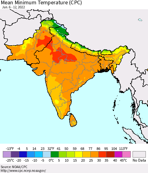 Southern Asia Mean Minimum Temperature (CPC) Thematic Map For 6/6/2022 - 6/12/2022