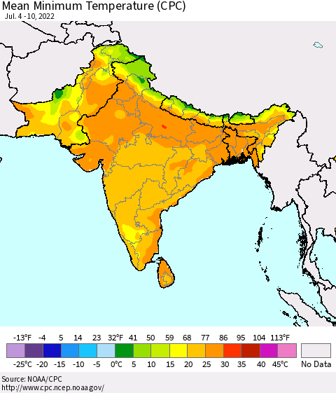 Southern Asia Mean Minimum Temperature (CPC) Thematic Map For 7/4/2022 - 7/10/2022