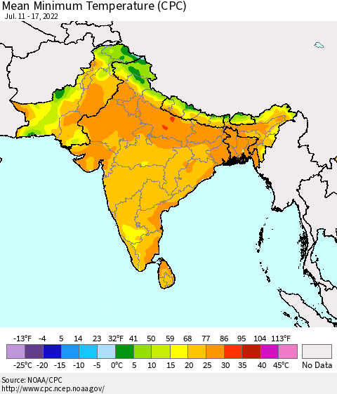 Southern Asia Mean Minimum Temperature (CPC) Thematic Map For 7/11/2022 - 7/17/2022