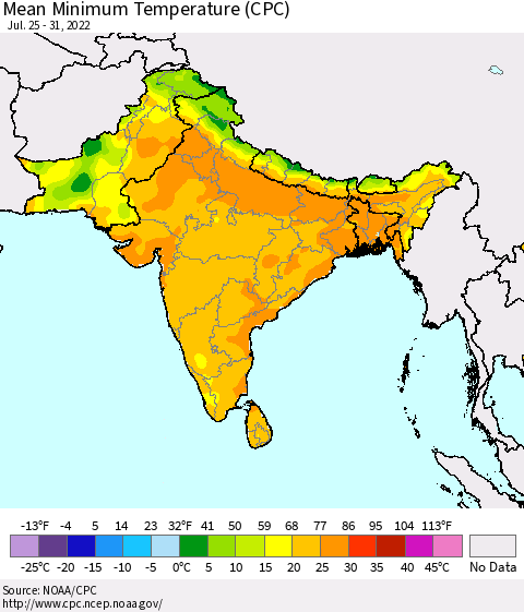 Southern Asia Minimum Temperature (CPC) Thematic Map For 7/25/2022 - 7/31/2022