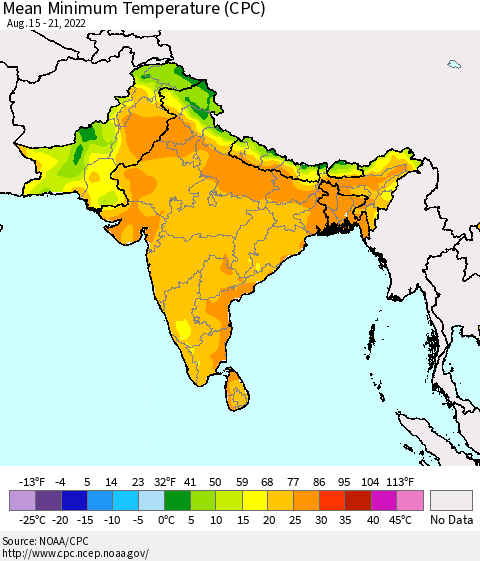 Southern Asia Mean Minimum Temperature (CPC) Thematic Map For 8/15/2022 - 8/21/2022