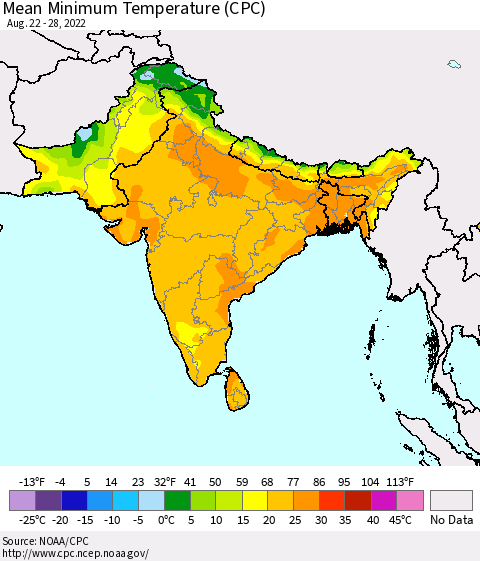 Southern Asia Mean Minimum Temperature (CPC) Thematic Map For 8/22/2022 - 8/28/2022