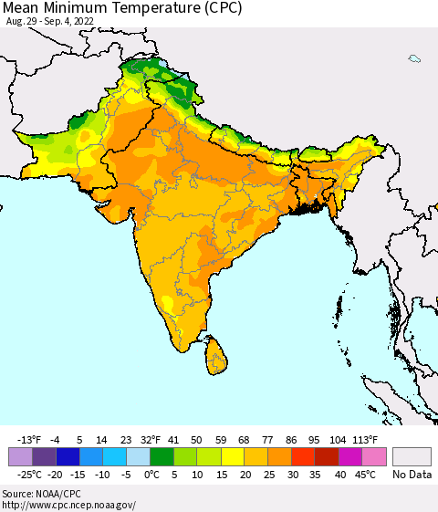 Southern Asia Mean Minimum Temperature (CPC) Thematic Map For 8/29/2022 - 9/4/2022