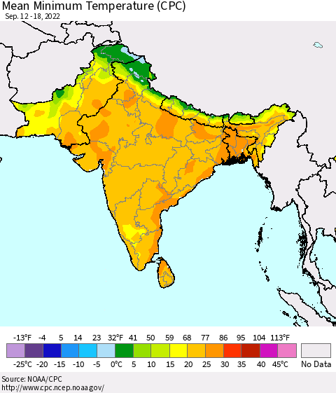 Southern Asia Mean Minimum Temperature (CPC) Thematic Map For 9/12/2022 - 9/18/2022