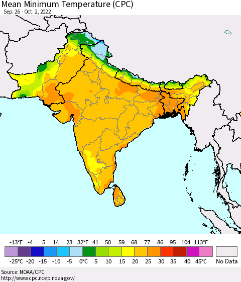 Southern Asia Mean Minimum Temperature (CPC) Thematic Map For 9/26/2022 - 10/2/2022