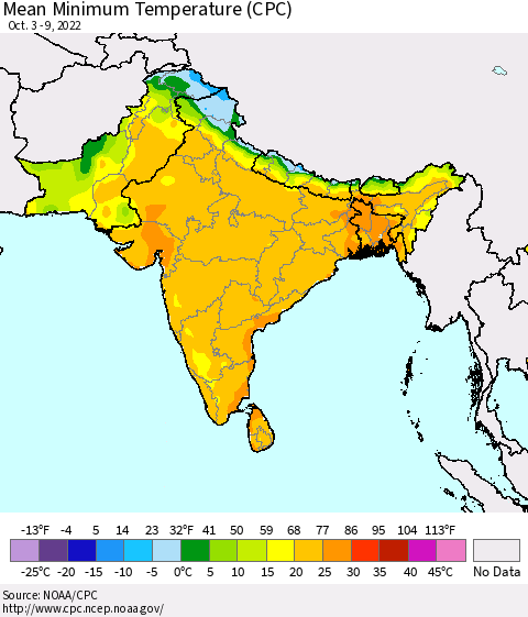 Southern Asia Mean Minimum Temperature (CPC) Thematic Map For 10/3/2022 - 10/9/2022