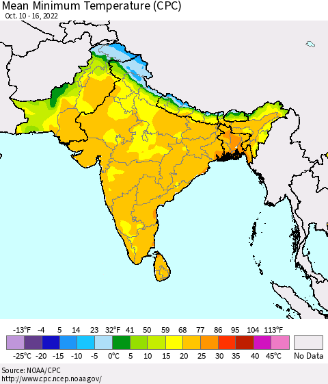 Southern Asia Mean Minimum Temperature (CPC) Thematic Map For 10/10/2022 - 10/16/2022