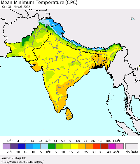Southern Asia Mean Minimum Temperature (CPC) Thematic Map For 10/31/2022 - 11/6/2022