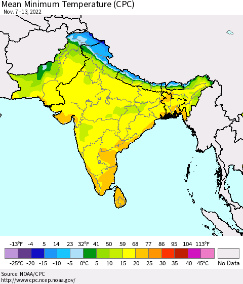 Southern Asia Mean Minimum Temperature (CPC) Thematic Map For 11/7/2022 - 11/13/2022