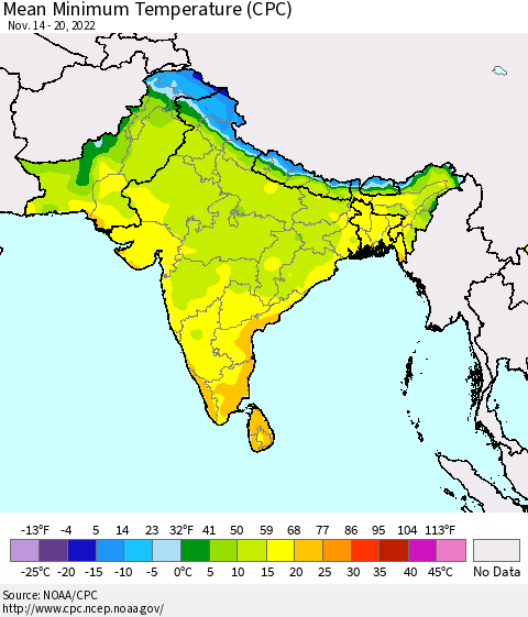 Southern Asia Mean Minimum Temperature (CPC) Thematic Map For 11/14/2022 - 11/20/2022