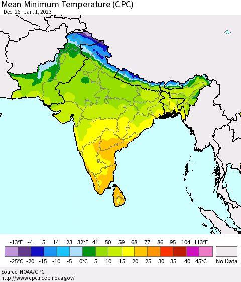Southern Asia Mean Minimum Temperature (CPC) Thematic Map For 12/26/2022 - 1/1/2023