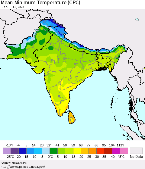 Southern Asia Mean Minimum Temperature (CPC) Thematic Map For 1/9/2023 - 1/15/2023