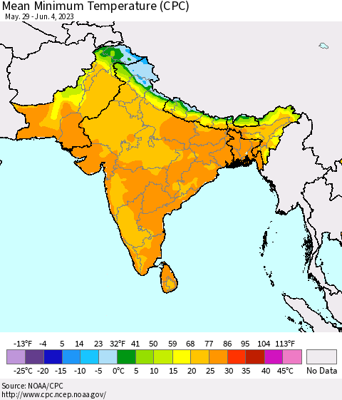 Southern Asia Mean Minimum Temperature (CPC) Thematic Map For 5/29/2023 - 6/4/2023