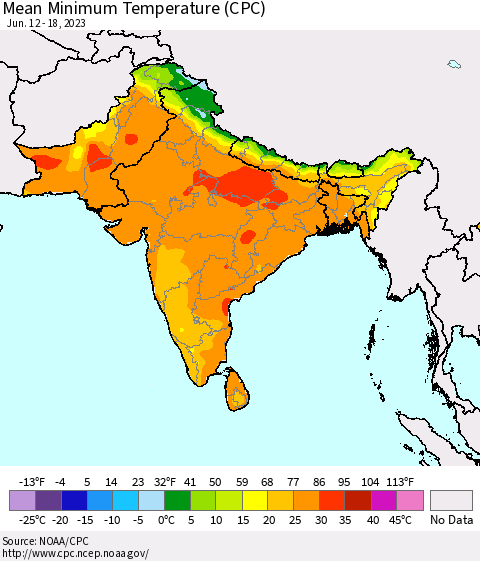 Southern Asia Mean Minimum Temperature (CPC) Thematic Map For 6/12/2023 - 6/18/2023