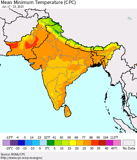 Southern Asia Mean Minimum Temperature (CPC) Thematic Map For 7/17/2023 - 7/23/2023